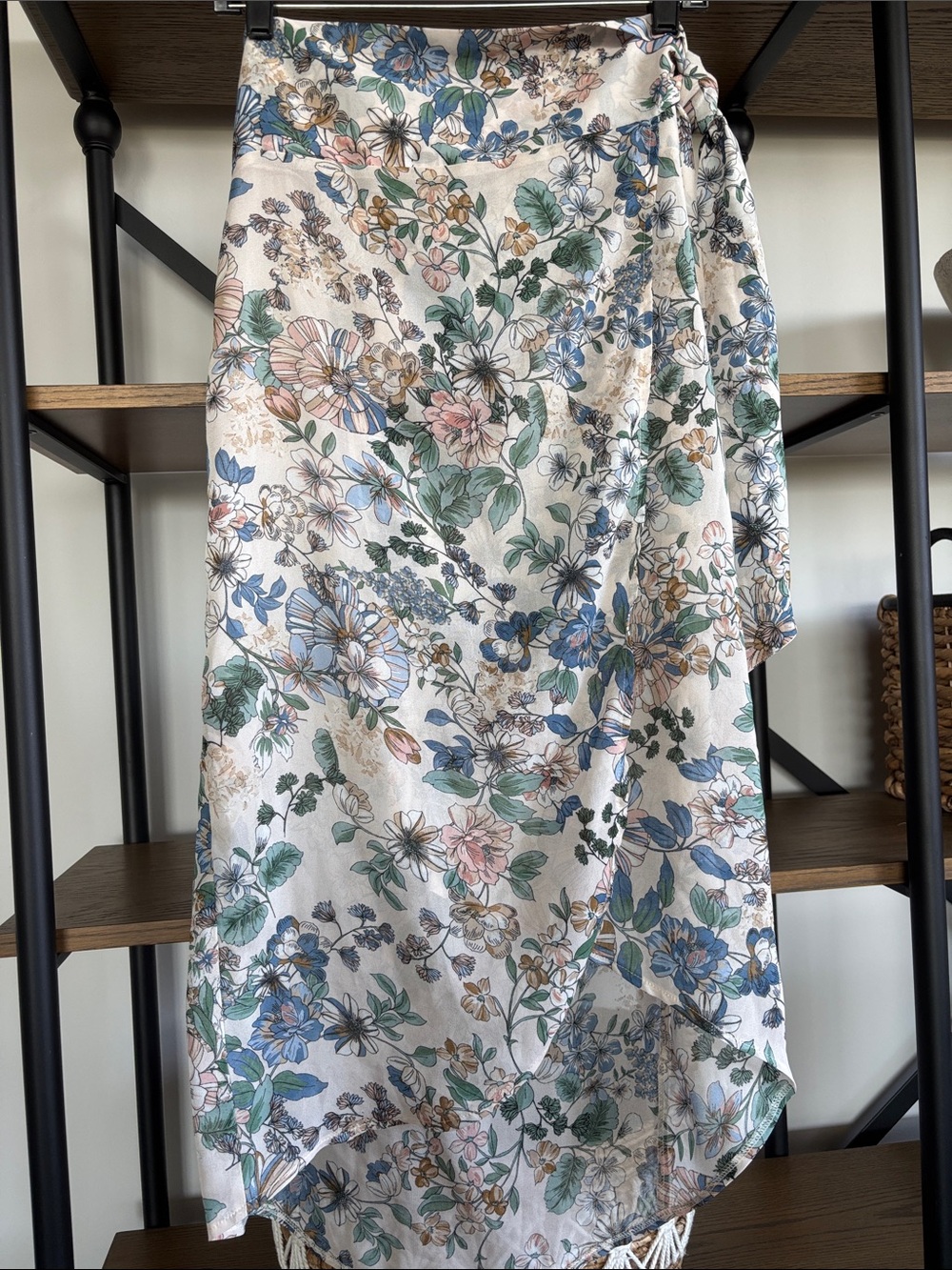 Dress Forum Cream Floral High-Low Wrap Sheer Skirt with Blue & Green Accents
